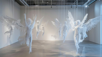 A gallery installation featuring suspended wire sculptures of angels representing the modern worlds reliance on technology.