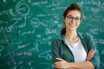 A smiling young woman with glasses standing in front of a chalkboard covered in math equations.