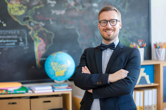 A confident male teacher with glasses and a bow tie stands in a classroom with a map in the background.