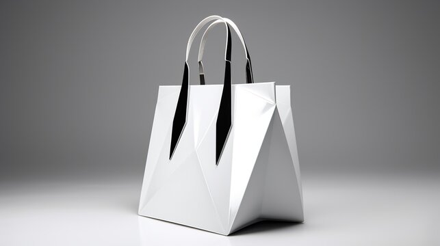Futuristic Geometric Shopping Bag with Sleek Metallic Accents on Gray Background