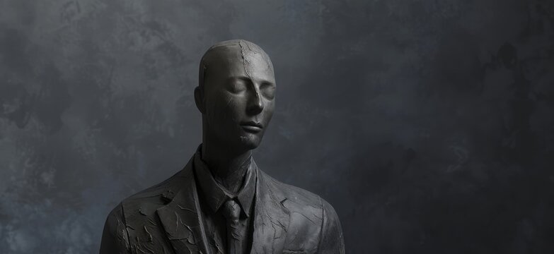 A gray man dressed in a suit on a gray background in a minimalist sculpture style, in a high-quality photo, with blink-and-you-miss-it detail, in dark black.
