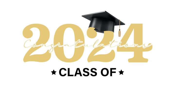  Vector illustration. Class of 2024 badge design template in black and gold colors. Congratulations graduates 2024 banner sticker card with academic hat for high school or college graduation