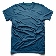 A men's blue t-shirt is placed on a white background, depicted in a style that features dark teal color, smooth curves, pure color