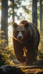A brown bear is seen walking through the forest, presented in the style of detailed atmospheric portraits, Vray, landscape photography, and golden light.