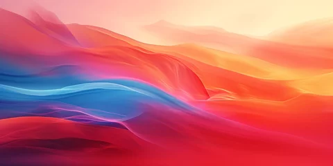 Poster Im Rahmen A gradient background with beautiful hues of red, blue, and orange is designed with smooth and curved lines, resembling landscapes with soft edges. © Duka Mer