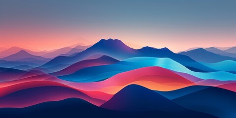 An abstract background features colorful mountains against a dark blue sky, presented in the style of colorful gradients in light magenta and light amber, evoking lively coastal landscapes.