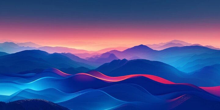 An Abstract Background Features Colorful Mountains Against A Dark Blue Sky, Presented In The Style Of Colorful Gradients In Light Magenta And Light Amber, Evoking Lively Coastal Landscapes.