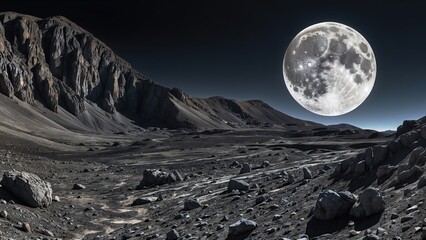 Moonlight illuminates a serene night sky above majestic mountains, casting a tranquil glow over a...