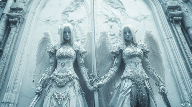 Two angelic beings with marblewhite skin and piercing silver eyes their swords drawn as they stand guard before an ancient doorway carved with cryptic symbols.
