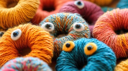 A close-up view of a collection of yarn and knitted donuts with expressive eyes, blending creativity and whimsy in a charming composition, Ai Generated. - obrazy, fototapety, plakaty