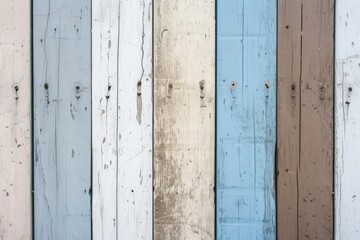 Aged wooden planks in pastel blue, white, and brown, with peeling paint and rustic texture.