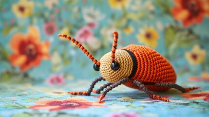 Crocheted cockroach toy vibrant backdrop, handcrafted and adorable, Ai Generated