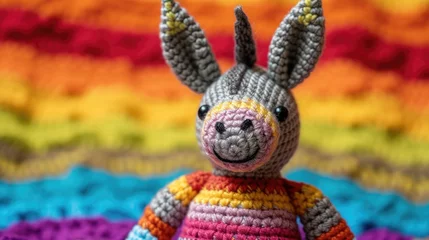 Fotobehang Crocheted donkey toy vibrant backdrop, handcrafted and adorable, Ai Generated © Crazy Juke