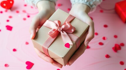 Close-up on female hands holding a Valentine's Day gift, heartfelt gesture, Ai Generated.