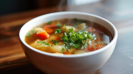 A steaming bowl of soup, hearty and comforting, captured in this image, Ai Generated