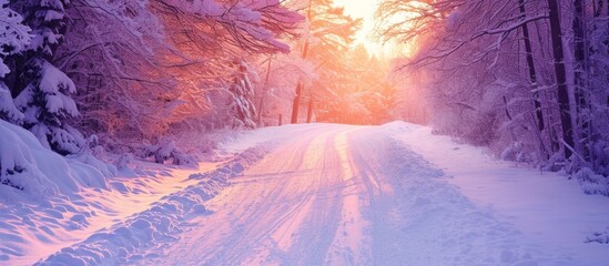 Winter landscape with a violet and pink colored road covered in snow at sunset.