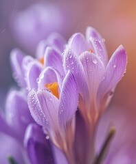 Dew on crocus petals in early morning light, giving flowers a fresh appearance.