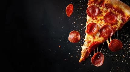 Foto op Plexiglas Delicious slice of pepperoni pizza soaring on a black background, an enticing design, Ai Generated. © Crazy Juke