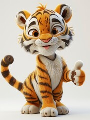 A cute Tiger with anthropomorphic design, emoticons, 6 emoticons, various expressions, thumbs up, happy, angry, winking, staring, silly, 3D plush style, white background - generative ai