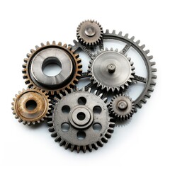Metal gears and cogs fit together isolated on a white background, Ai Generated.