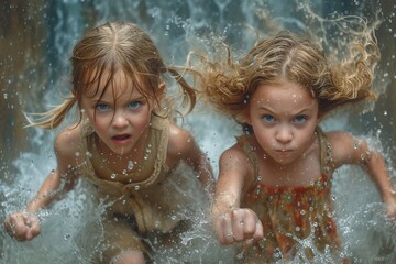 Two young girls gleefully splash in the refreshing outdoor waters, their beaming faces radiating pure joy and the carefree innocence of childhood