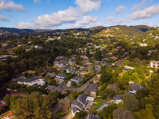 Aerial views of the large homes and mansions, in the affluent Brentwood neighborhood in Los Angeles.
