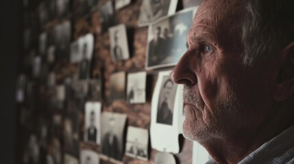 A middleaged man staring at a wall full of photos each representing a past relationship destroyed by his addiction.