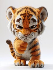 A cute Tiger with anthropomorphic design, emoticons, 6 emoticons, various expressions, thumbs up, happy, angry, winking, staring, silly, 3D plush style, white background - generative ai