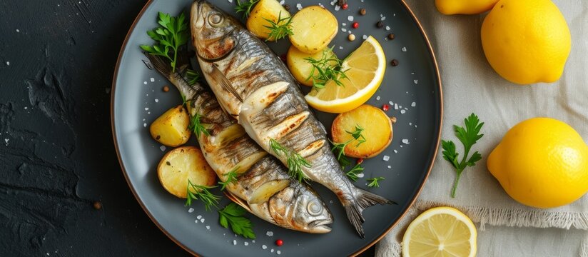 Vertical top view of fried herring, boiled potatoes on a plate.