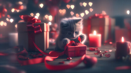 Valentine's Day, Kitten&rsquo;s First Valentine - AI Generated Illustration, Realistic

