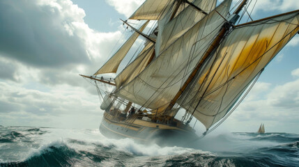 With a sharp whistle and a firm command the bosun directs the sailors to hoist the sails their graceful white curves billowing in the wind.