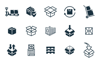 Mini icons set on white background. online delivery service business. Parcel container, packaging boxes, web design for applications.