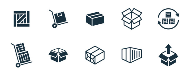 Mini icons set on white background. online delivery service business. Parcel container, packaging boxes, web design for applications.