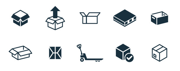 Mini icons set on white background. online delivery service business. Parcel container, packaging boxes, web design for applications.