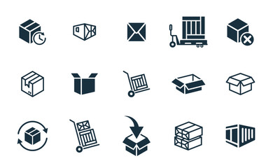 Mini icons set on white background. online delivery service business. Parcel container, packaging boxes, web design for applications.