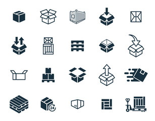 Mini icons set on white background. online delivery service business. Parcel container, packaging boxes, web design for applications.