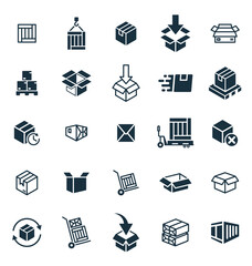 Package box icons set on white background. online delivery service business. Parcel container, packaging boxes, web design for applications.