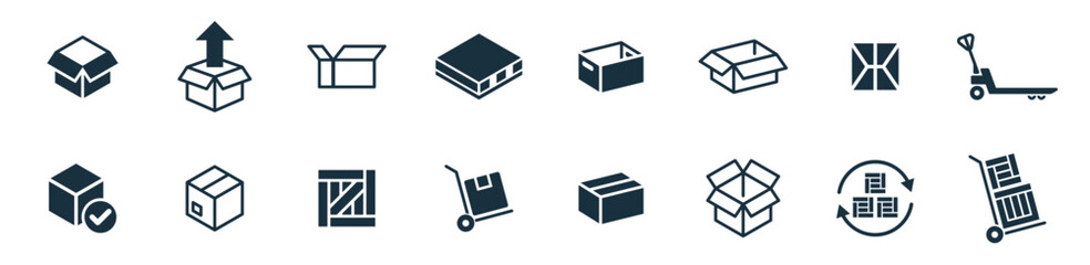 Mini icons set on white background. online delivery service business. Parcel container, packaging boxes, web design for applications.