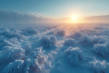Against the backdrop of a frosty winter sky, wind turbines stand tall amidst a snow-covered landscape, as the sun rises over the majestic mountains in the distance, creating a stunning outdoor scene 