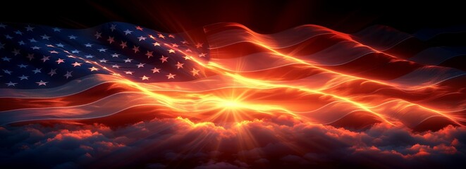 A blazing flag stands tall against the fiery sky, igniting a sense of awe and wonder in the natural beauty of light amidst the clouds