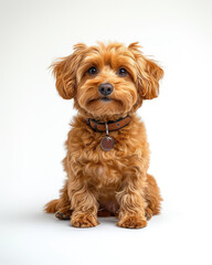 Studio portrait on white background of a happy red-haired Maltipoo dog