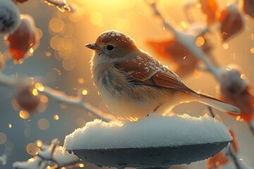 A snowy winter day brings a peaceful moment as a sparrow perches on a snow-covered branch, enjoying a snack from the outdoor bird feeder