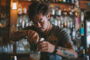bartender mixing a drink in a bar with a shaker and a cool look on their face and a shirt with a logo on their chest