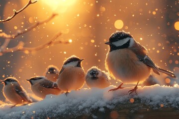 A wintry scene unfolds as a flock of birds perched upon a snow-covered branch embodies the untamed beauty of nature
