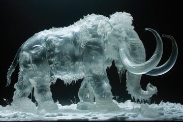 An ice sculpture of a mammoth with long tusks in a snowy environment, conveying the ambiance of an ancient and frozen world.