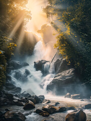 Sunrise Over Misty Waterfall in Lush Forest
