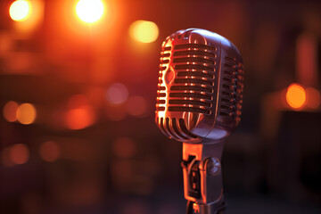 Vintage Microphone Illuminated by Warm Stage Lights