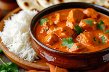bowl of butter chicken, a creamy and spicy Indian curry with tender chicken pieces, served with basmati rice and naan bread, in the style of aromatic, rich, flavorful