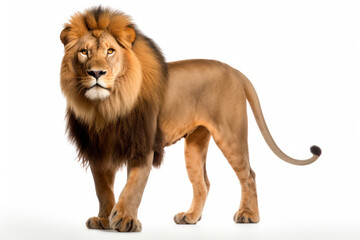 Stately Lion, Isolated on White Background, Piercingly Looking, Radiating Strength and Danger