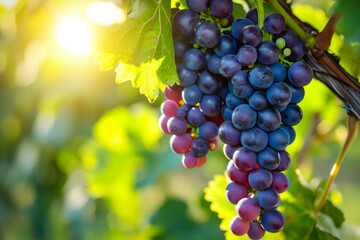 Naklejka premium bunch of grapes hanging from a vine in a sunny day